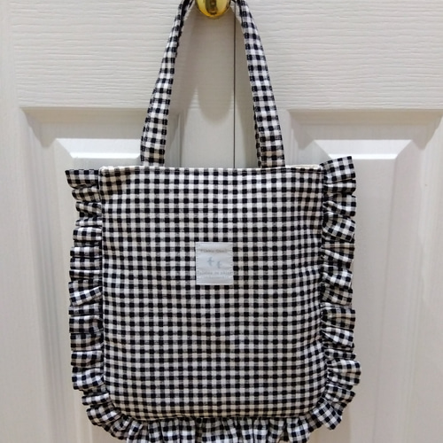 ブラック】ギンガムチェック フリルトートバック トートバッグ