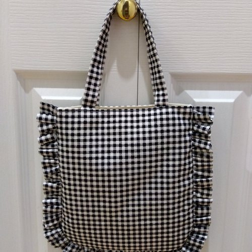 WOVEN 黒白チェック トートバッグ 受注制作◇リネントートバッグ【黒白パッチワーク】 刺し子・麻