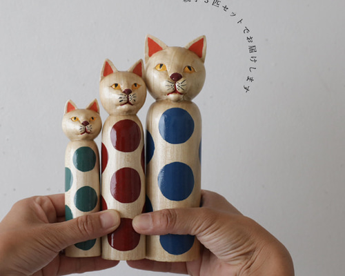 猫一家3匹セット『創作こけし水玉模様ねこけし 錆サビ猫』 インテリア