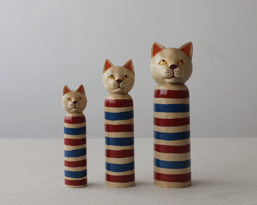 猫一家3匹セット『 創作こけし 縞模様 ねこけし 錆サビ猫