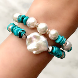 Silver925 Turquoise and Pearl Stretch stack Bracelet Set 第5張的照片