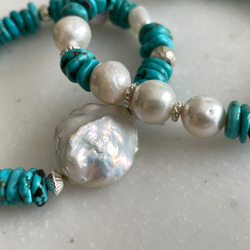 Silver925 Turquoise and Pearl Stretch stack Bracelet Set 第3張的照片