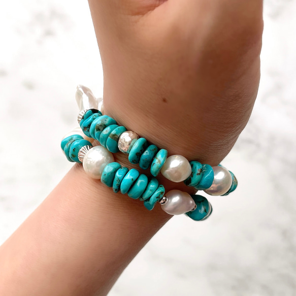 Silver925 Turquoise and Pearl Stretch stack Bracelet Set 第8張的照片