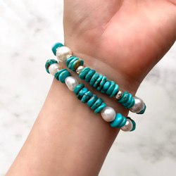 Silver925 Turquoise and Pearl Stretch stack Bracelet Set 第9張的照片