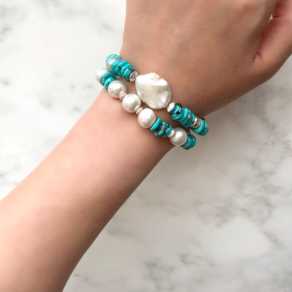 Silver925 Turquoise and Pearl Stretch stack Bracelet Set 第7張的照片