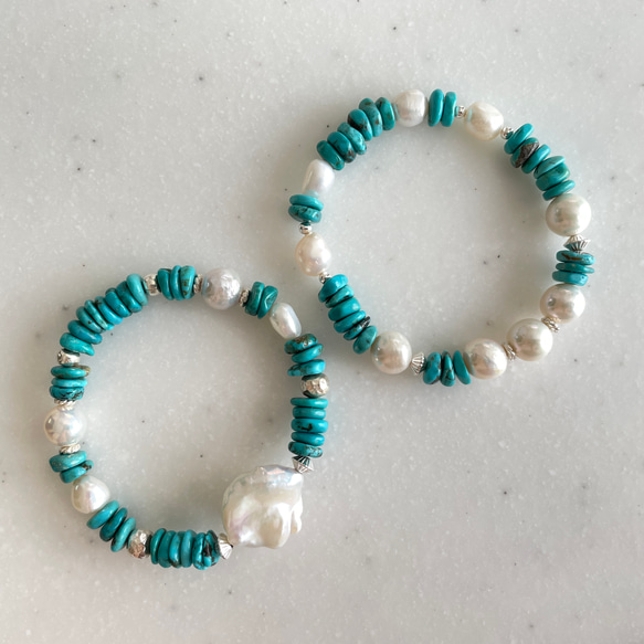 Silver925 Turquoise and Pearl Stretch stack Bracelet Set 第2張的照片