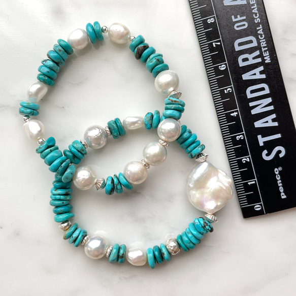 Silver925 Turquoise and Pearl Stretch stack Bracelet Set 第4張的照片