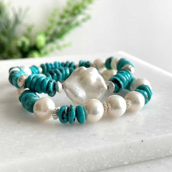 Silver925 Turquoise and Pearl Stretch stack Bracelet Set 第6張的照片