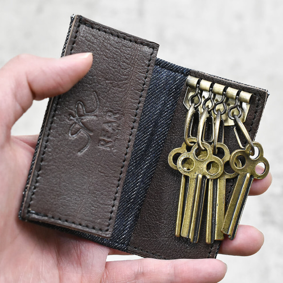 鑰匙包栃木皮革智慧鑰匙包岡山牛仔布日本製造雙手靈巧左手 REK002 第4張的照片