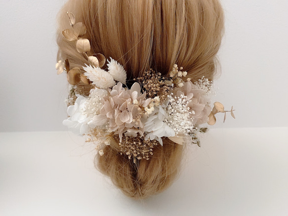 ドライフラワー髪飾り　gold × beige ユーカリ　アジサイ　ヘッドドレス　結婚式　卒業式　成人式　前撮り 3枚目の画像