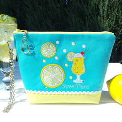 帆布 刺繍ポーチ✨弾ける夏!!レモンクリームソーダ✨✽マチ広め 帆布 刺繍ポーチ✨弾ける夏!!レモンクリームソーダ✨✽マチ広め