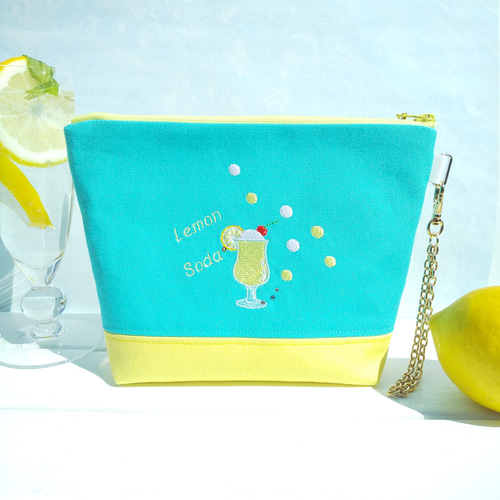 帆布 刺繍ポーチ✨弾ける夏!!レモンクリームソーダ✨✽マチ広め
