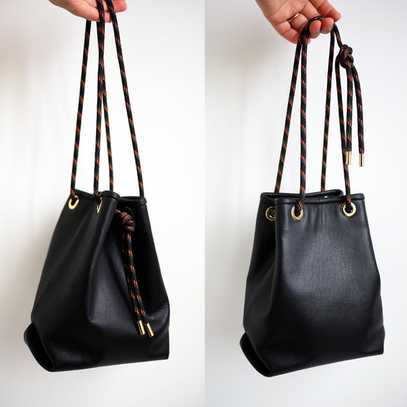 ［new・ストラップが選べます］レザーきんちゃくバッグ ブラック 5枚目の画像