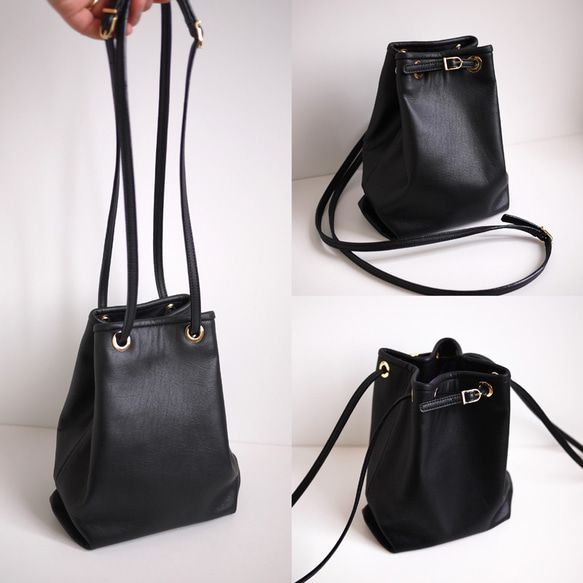 ［new・ストラップが選べます］レザーきんちゃくバッグ ブラック 9枚目の画像