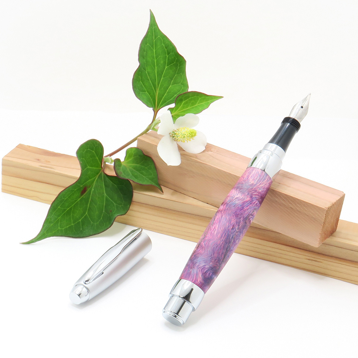 手作り 木製 高級 万年筆 回転式キャップ 中字 カートリッジ コンバーター 付き ポプラ クロム