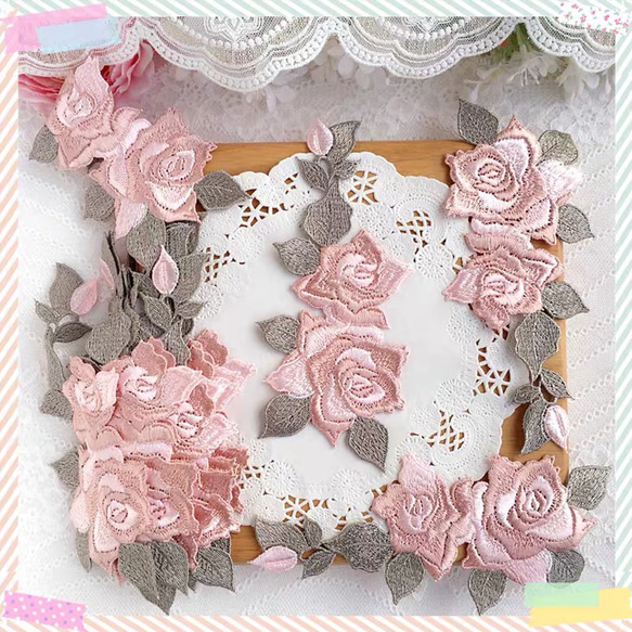 1枚】ローズ 花 ピンク アップリケ モチーフ ケミカル レース 刺繍