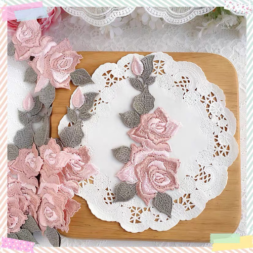 1枚】ローズ 花 ピンク アップリケ モチーフ ケミカル レース 刺繍