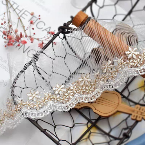 1m】ゴールド ホワイト ロココ風 刺繍 チュールレース 広幅レース