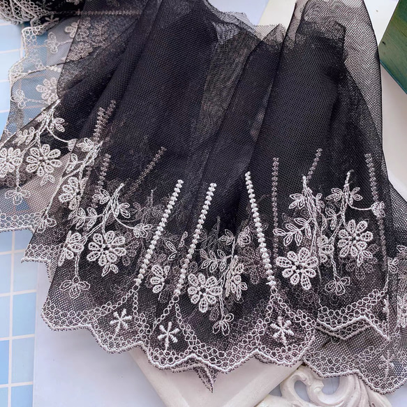 1m】ブラック系 花 刺繍 チュールレース 広幅レース レースリボン 繊細 
