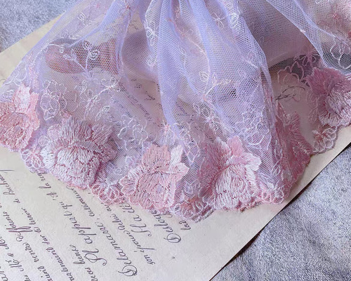 50cm紫 パープル系 花 刺繍 チュールレース 広幅レース レースリボン