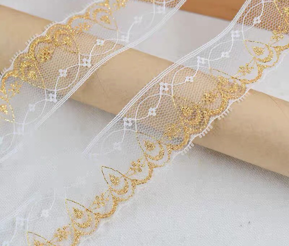 1m】ゴールド 透き通る 刺繍 チュールレース 広幅レース レースリボン 