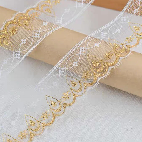 1m】ゴールド 透き通る 刺繍 チュールレース 広幅レース レースリボン 
