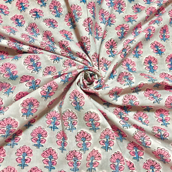 [50cm單位]灰色小粉紅色花朵印度手工塊印花布料紡織棉 第1張的照片