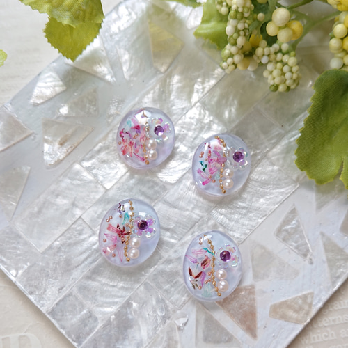 お花カボション☆4個 e-16 ブルー/グレー/ドライフラワー/花/レジン 