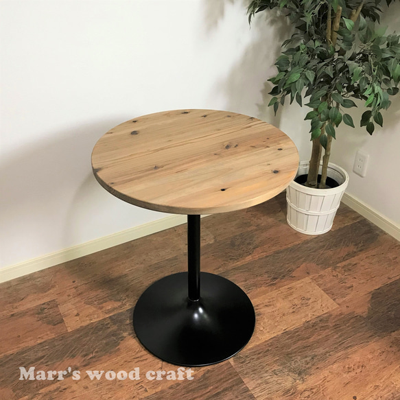 国産杉の無垢材カフェテーブル　円形　60cm　オイル仕上げ　ドリフトウッド色　アイアン脚　丸型【オーダー可能】 