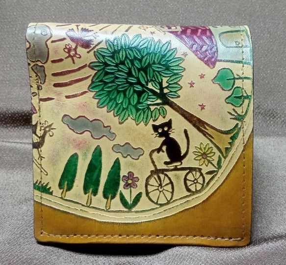 catwalk oikawa.自転車猫1ケ限定。二つ折りカード財布（中仕切有）。アートレザークラフト 1枚目の画像