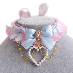 粉紅色 色 蕾絲 藍蝴蝶結  蘿莉塔 項鍊 Choker Necklace Collar 第1張的照片