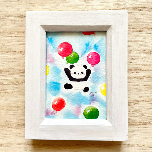 透明水彩画「ふわふわパンダ」イラスト ミニ額 ぱんだ 風船 空 プチ