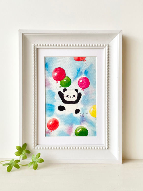 透明水彩画 A4ポスター「ふわふわパンダ」イラスト ぱんだ 風船 空