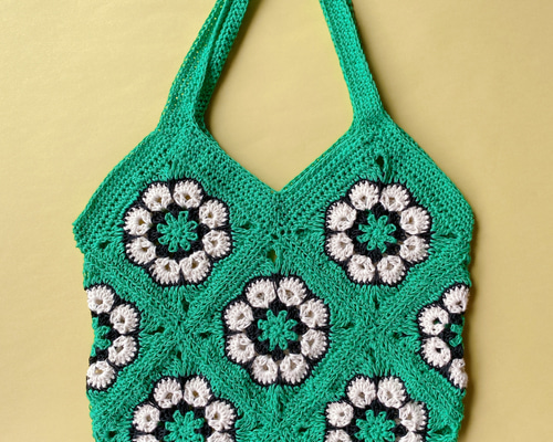 マルシェバック（グリーン x ホワイト）crochetモチーフ編みバッグ