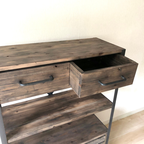 天然木スチールキャビネットインダストリアルサイドボード引出レトロ棚