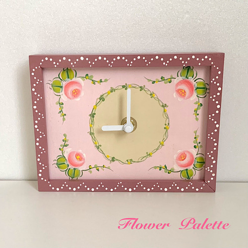 Creema限定 木製 ピンクローズの時計 トールペイント 掛け時計