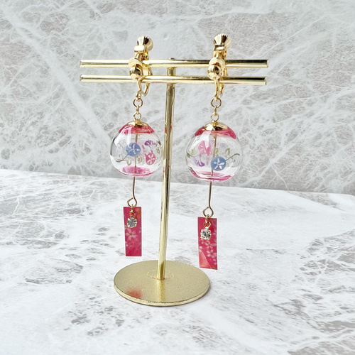 夏を満喫！大人可愛い 風鈴ミニチュアピアス イヤリング ピンク朝顔