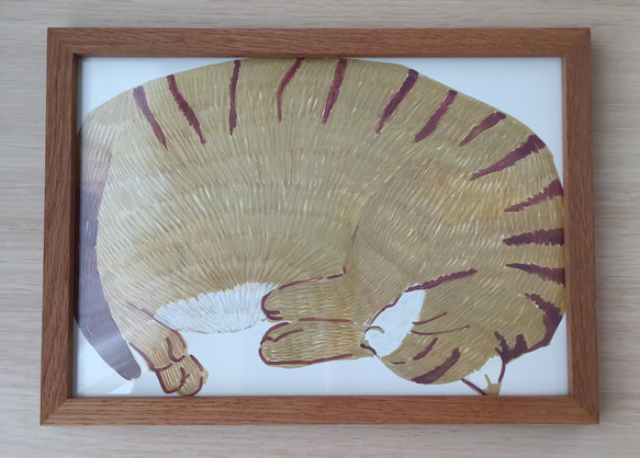 木製額付き　イラストレーション　ねこ日和　キジトラ 1枚目の画像