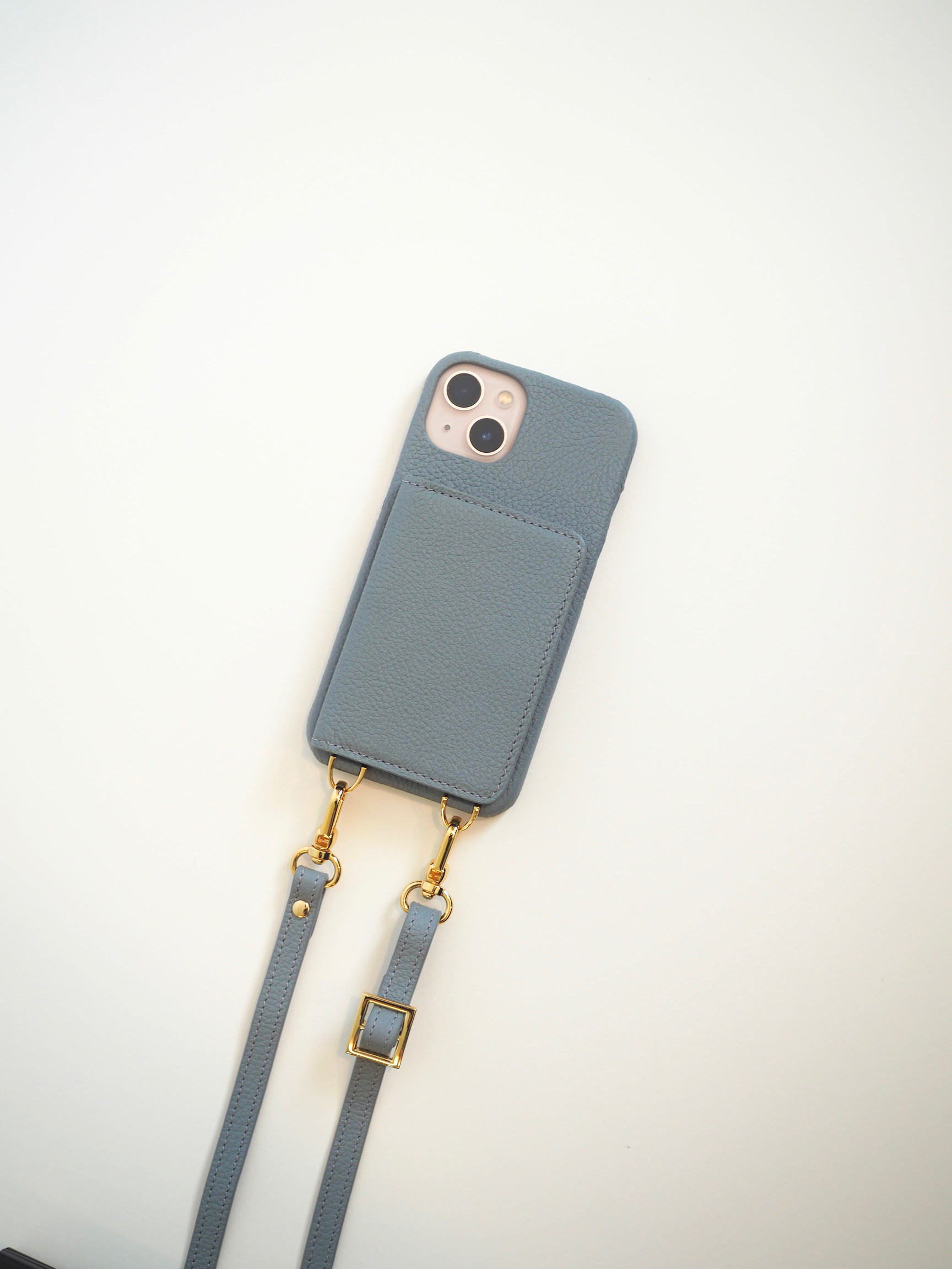 本革　スマホショルダー　名入れ無料　カード収納  名入れ レザーiphoneケース　グレー