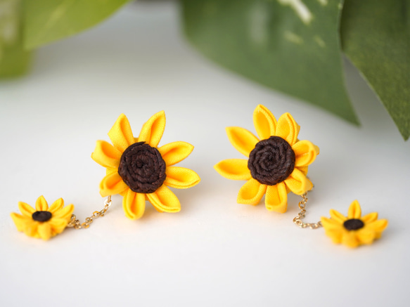 つまみ細工 ひまわりの花の揺れるイヤリング イヤリング