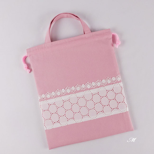 体操服袋 お着替え袋 持ち手付き 巾着袋M30×25 レース ピンク 体操服