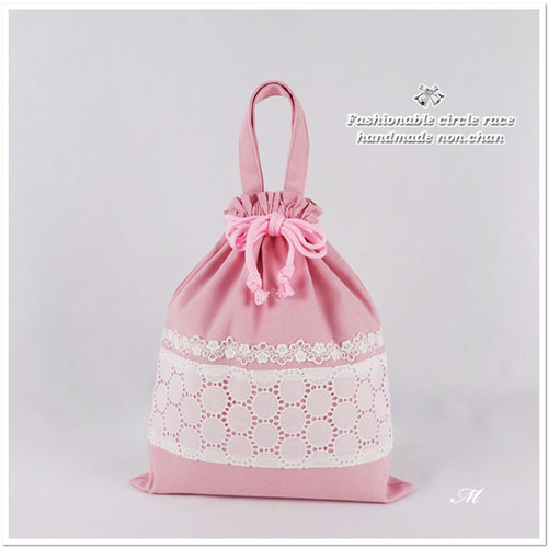 体操服袋 お着替え袋 持ち手付き 巾着袋M30×25 レース ピンク 体操服