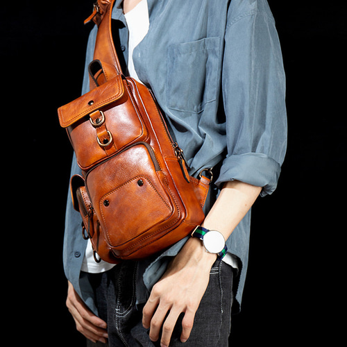 ヴィンテージ手作り革大容量ボディバッグ 男性用ウエストポーチ ボディ