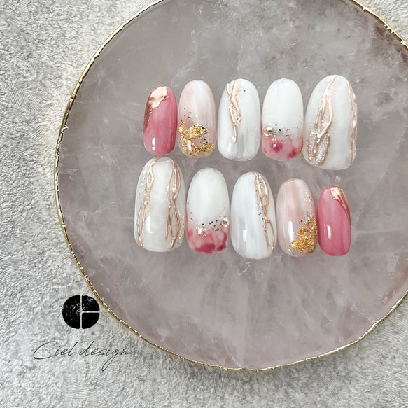 ニュアンスネイルチップ デザインネイル ピンク ホワイト 天然石  