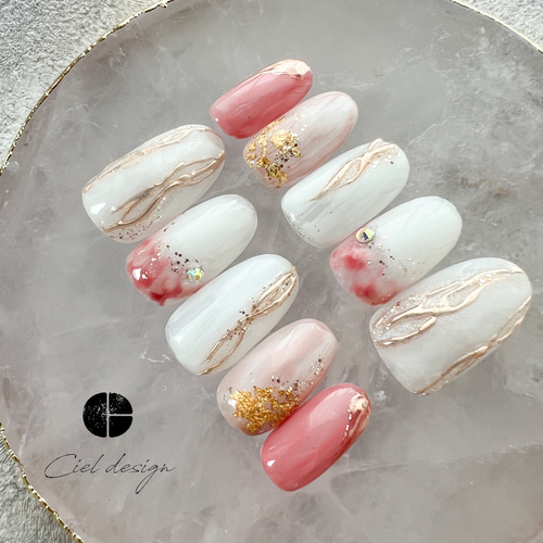 ニュアンスネイルチップ デザインネイル ピンク ホワイト 天然石  