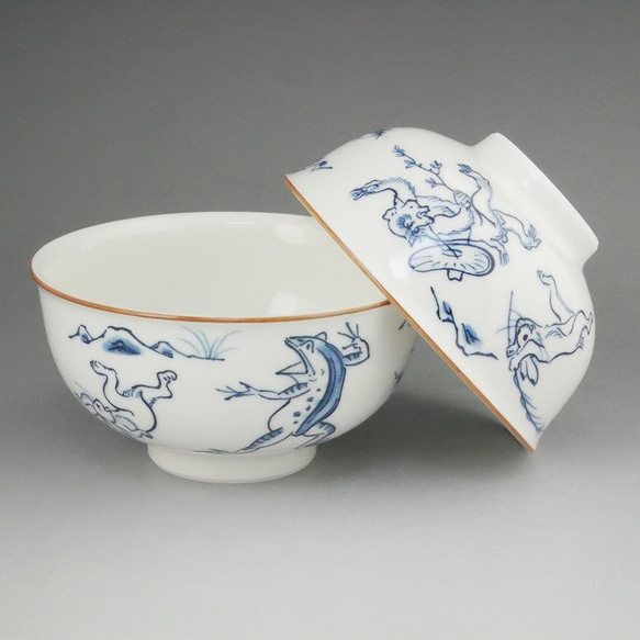 鳥獣戯画ごはん茶碗 5つ （染付 鳥獣戯画「ご飯茶碗」 京焼
