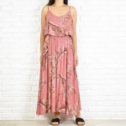 棕櫚葉圖案吊帶背心荷葉邊連衣裙粉色 第3張的照片