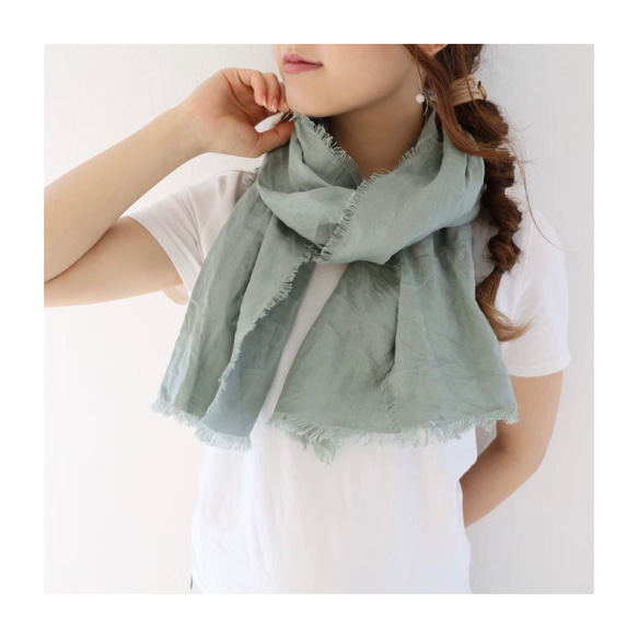 【150cm】リネンストールショートサイズ／四方切りっぱなしのリネンストール／春夏ミニストール／うぐいす 1枚目の画像