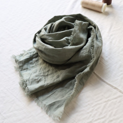 【150cm】リネンストールショートサイズ／四方切りっぱなしのリネンストール／春夏ミニストール／うぐいす 4枚目の画像