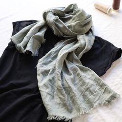 【150cm】リネンストールショートサイズ／四方切りっぱなしのリネンストール／春夏ミニストール／うぐいす 3枚目の画像